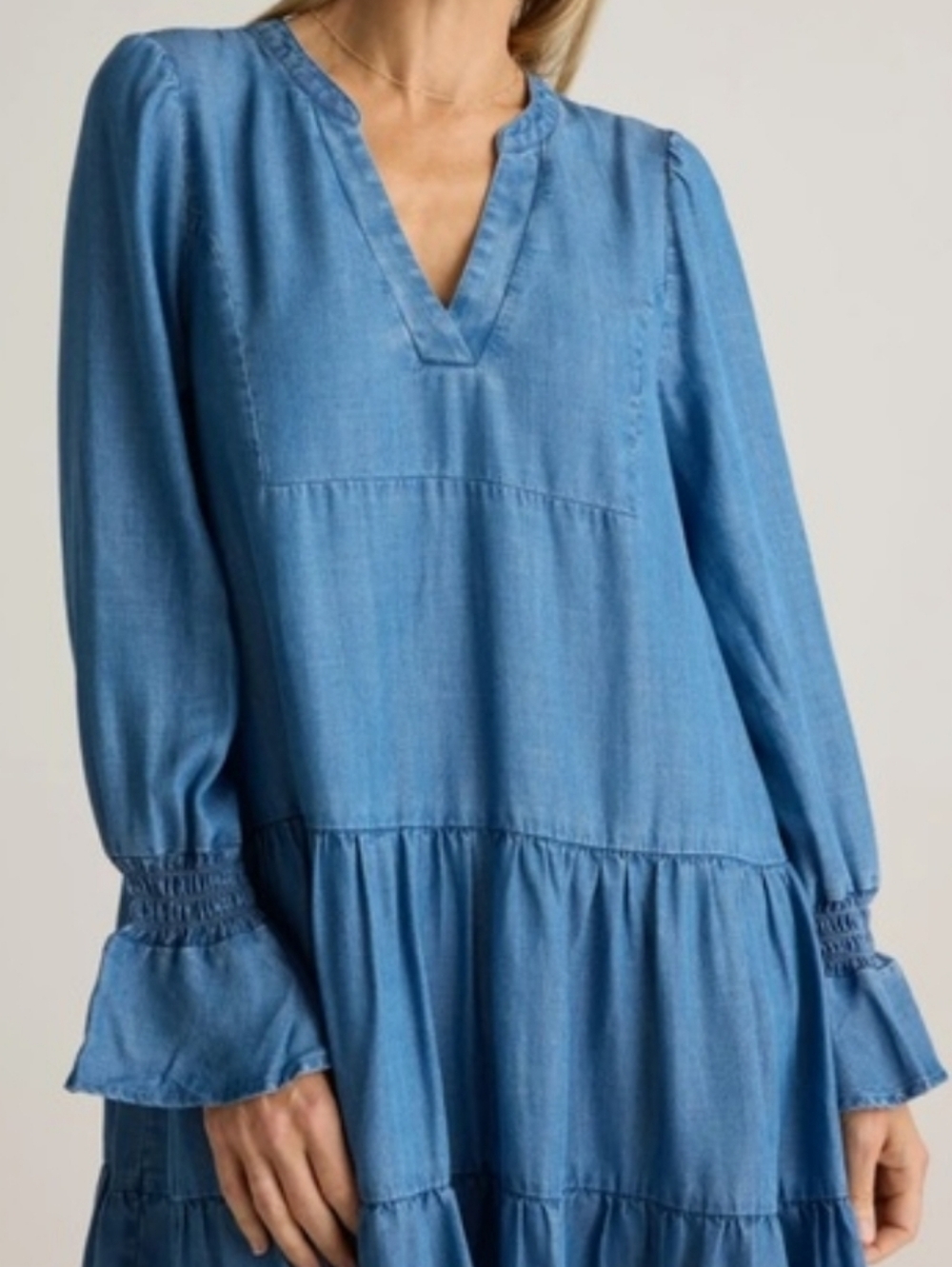 Qunice Chambray Tencel Tiered Long Sleeve Mini Dress
